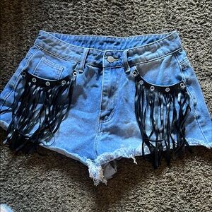 Fringe Denim Shorts with Black Accents